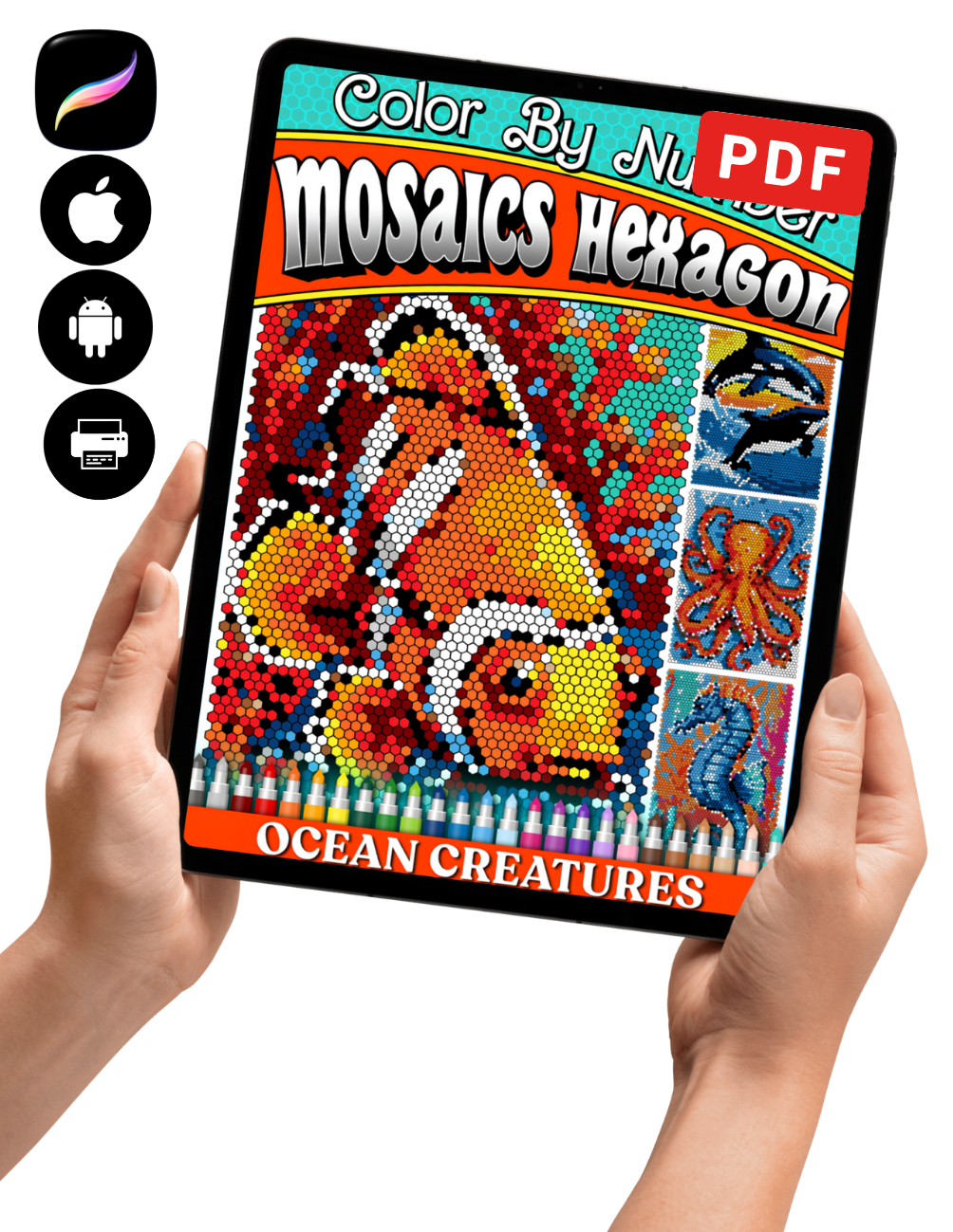 Ocean Creatures Mosaics Hexagon Color by Number | 50 Sea Animal Pixel Art Coloring Pages | Printable PDF | Instant Digital Download