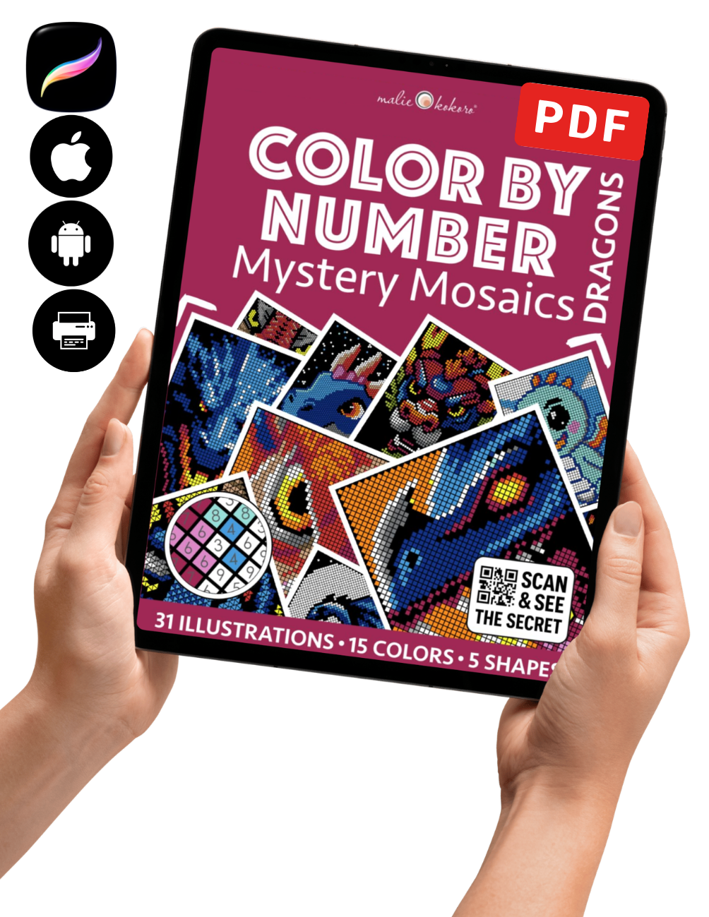 Dragons Mystery Mosaics Color by Number | 31 Fantasy Dragon Pixel Art Coloring Pages | Printable PDF | Instant Digital Download
