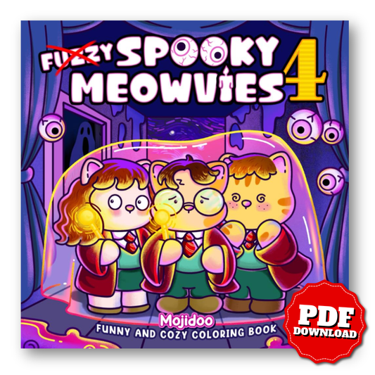 Spooky Meowvies: Cozy and Cute Coloring Book for Adults & Teens Featuring Creepy and Fuzzy Cat Friends in Movie-Inspired Scenes
