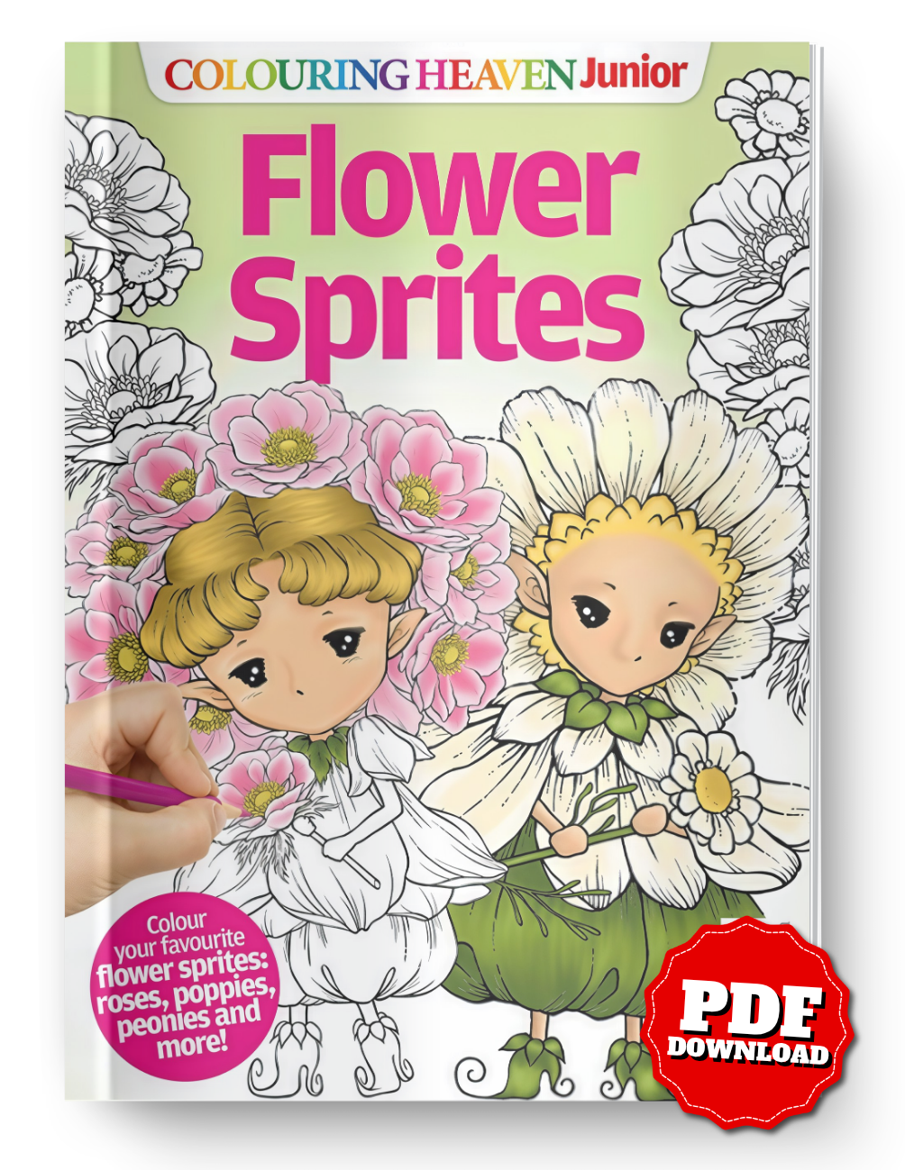 Flower Sprites Coloring Book PDF – Cute Flower Fairies, Roses, Poppies & Peonies | Digital Download