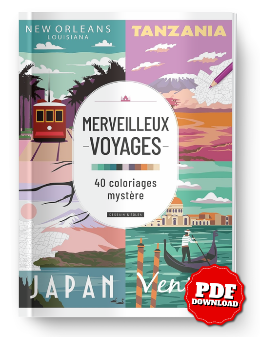 Amazing Travel Mystery Coloring Book | 40 Mystery Coloring Pages | Color by Number | Printable PDF | Digital Download
