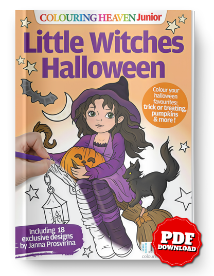 Little Witches Halloween Coloring Book PDF – Cute Witch, Black Cat & Pumpkin | Digital Download