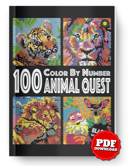 100 Animal Quest Color By Number | Mystery Animal Coloring Book | Printable PDF Color Quest Activity Book | Black Background Edition