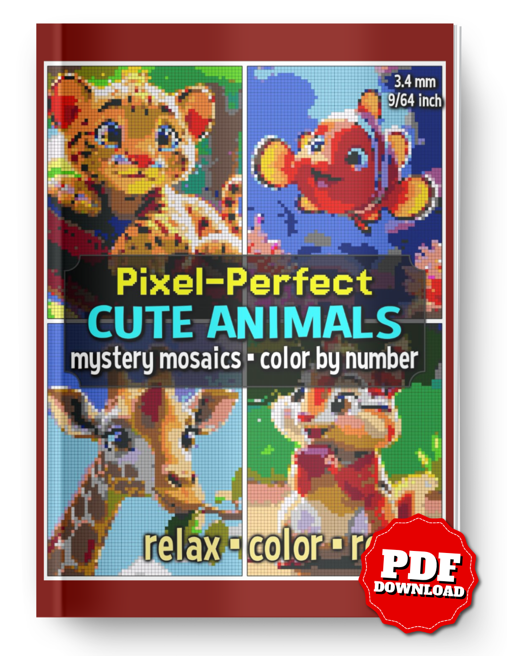 Pixel-Perfect Cute Animals | Mystery Mosaic Color by Number | Printable PDF Coloring Book | Instant Digital Download | Pixel Art for Adults & Teens