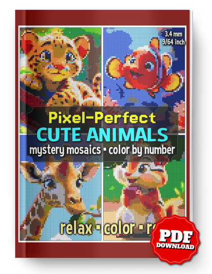 Pixel-Perfect Cute Animals | Mystery Mosaic Color by Number | Printable PDF Coloring Book | Instant Digital Download | Pixel Art for Adults & Teens