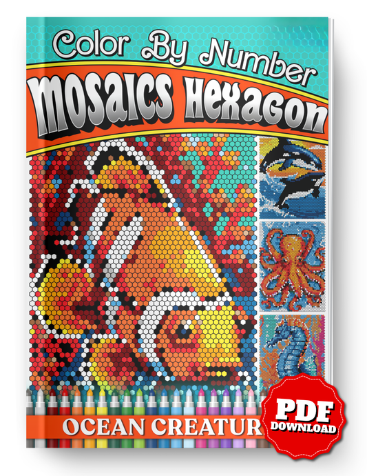 Ocean Creatures Mosaics Hexagon Color by Number | 50 Sea Animal Pixel Art Coloring Pages | Printable PDF | Instant Digital Download