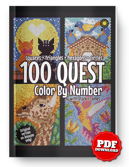 100 Quest Color By Number | Squares, Triangles, Hexagons & Circles | Black Background Pixel Coloring Book | Printable PDF | Instant Download