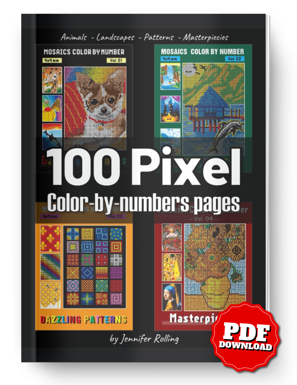 100 Pixel Color By Number | Animals, Landscapes, Patterns & Masterpieces | Printable PDF Mosaic Coloring Book | Instant Download