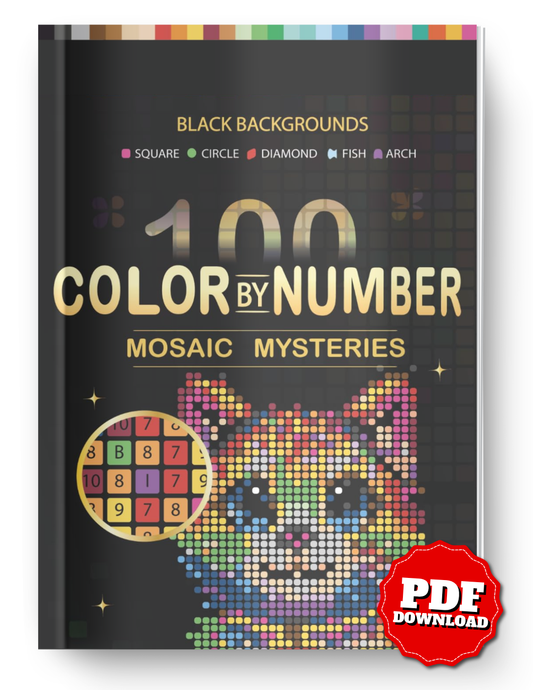 100 Color by Number Mosaic Mysteries | Square, Circle, Diamond, Fish & Arch Mosaic Coloring Book | Printable PDF | Instant Download