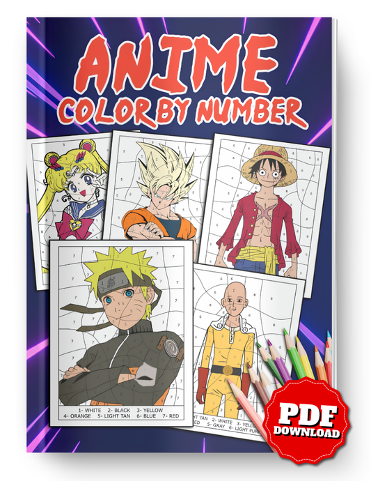 Anime Color by Number | Printable PDF Coloring Book | Instant Digital Download | Anime-Inspired Mystery Coloring Pages | Color by Number for Adults & Teens