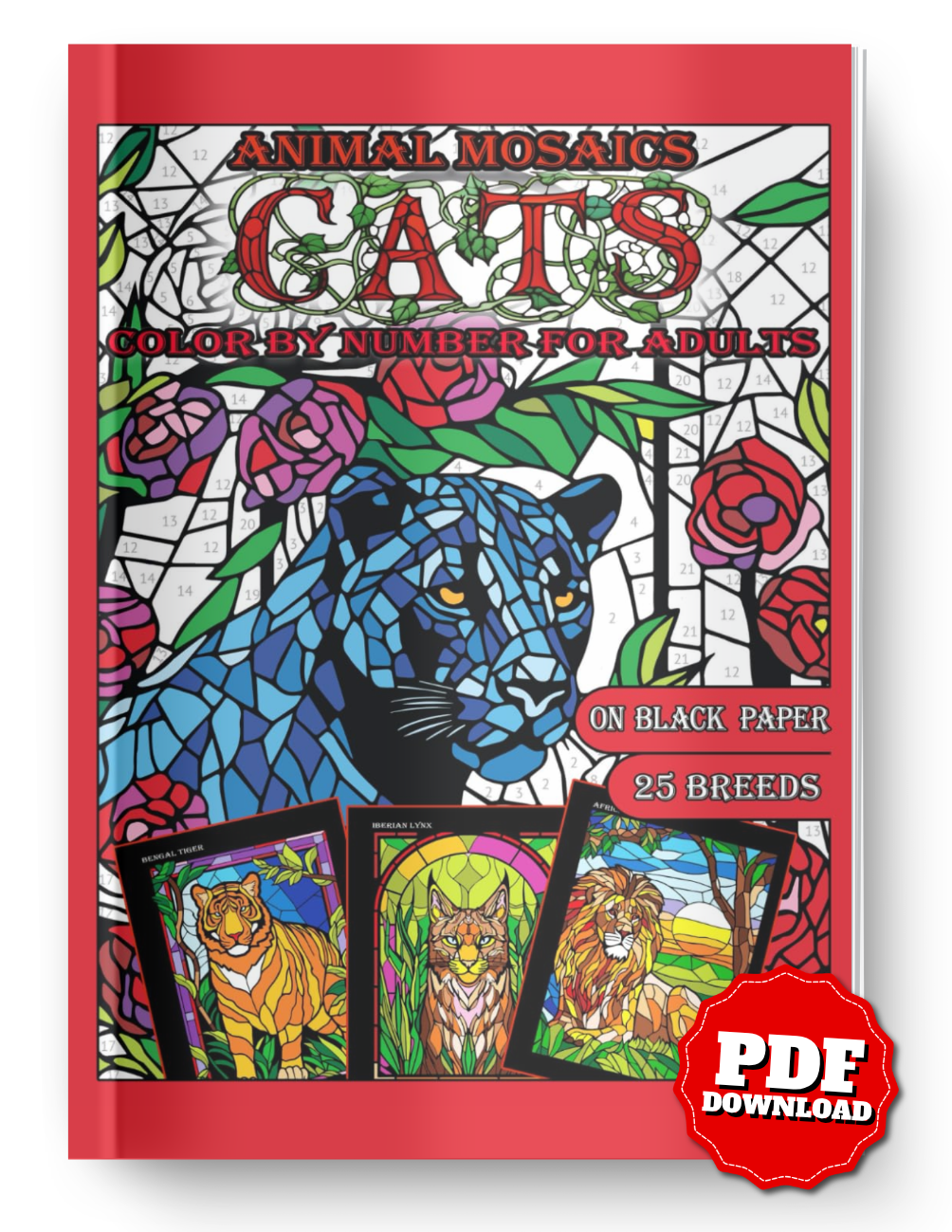 Mosaic Animals: Cats | Color by Number Stained Glass Coloring Book | Black Background | Printable PDF | Instant Download
