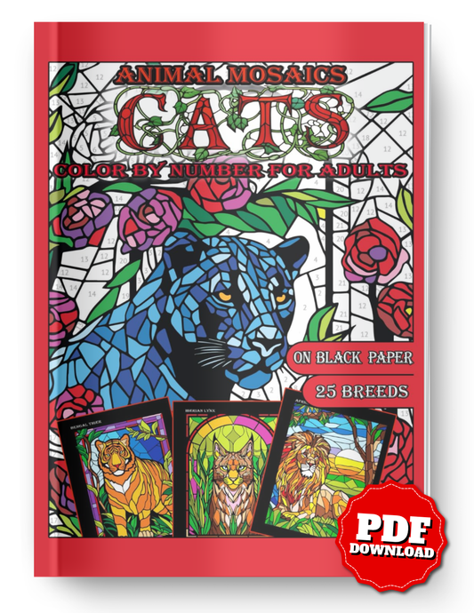 Mosaic Animals: Cats | Color by Number Stained Glass Coloring Book | Black Background | Printable PDF | Instant Download