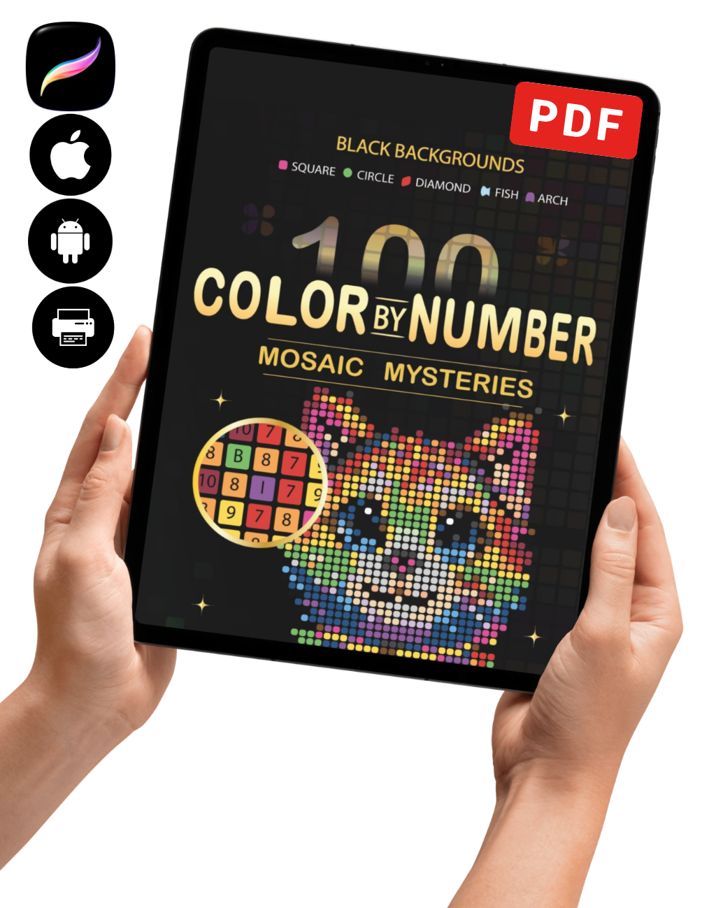 100 Color by Number Mosaic Mysteries | Square, Circle, Diamond, Fish & Arch Mosaic Coloring Book | Printable PDF | Instant Download