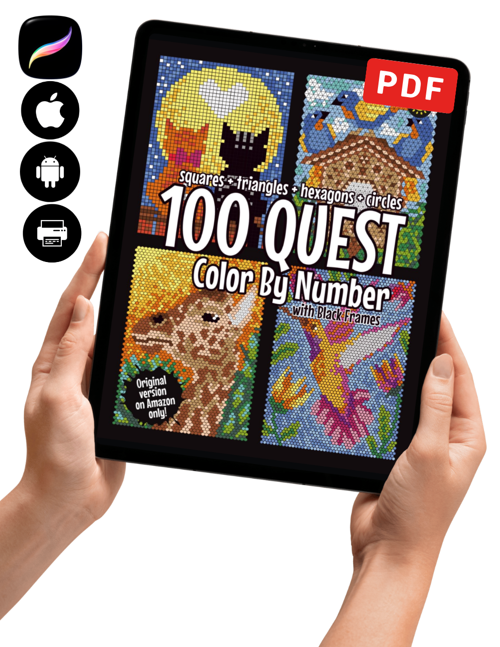 100 Quest Color By Number | Squares, Triangles, Hexagons & Circles | Black Background Pixel Coloring Book | Printable PDF | Instant Download