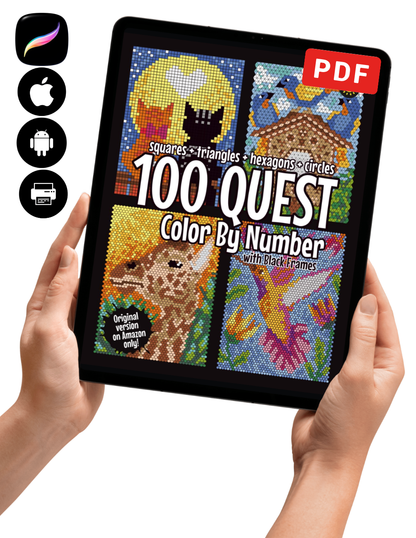 100 Quest Color By Number | Squares, Triangles, Hexagons & Circles | Black Background Pixel Coloring Book | Printable PDF | Instant Download