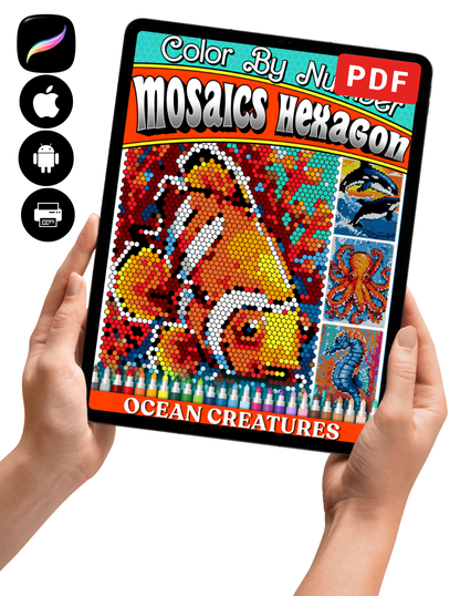 Ocean Creatures Mosaics Hexagon Color by Number | 50 Sea Animal Pixel Art Coloring Pages | Printable PDF | Instant Digital Download