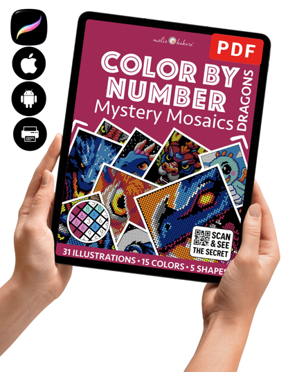 Dragons Mystery Mosaics Color by Number | 31 Fantasy Dragon Pixel Art Coloring Pages | Printable PDF | Instant Digital Download