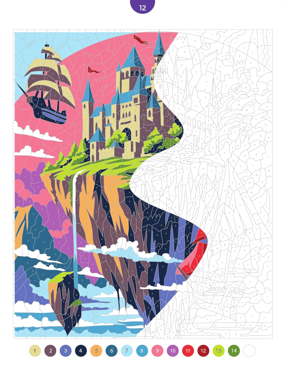Enchanted Landscapes Mystery Coloring Book PDF – 45 Color by Number Pages | Fantasy Castle & Magical Scenery | Digital Download