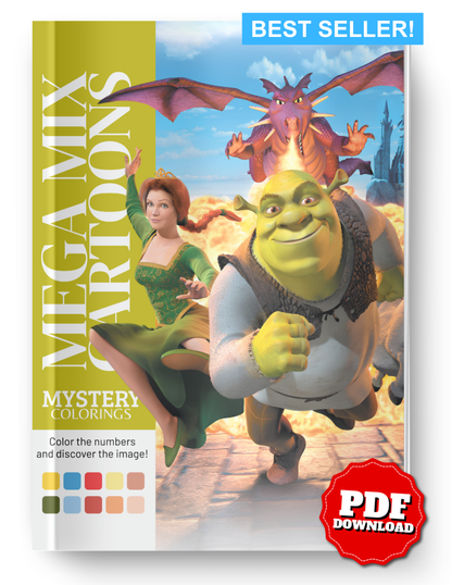 Mega Mix Cartoon Mystery Color By Number Book | Fairy Tale Inspired Mystery Coloring Pages PDF | Hidden Image Coloring Book for Adults & Teens