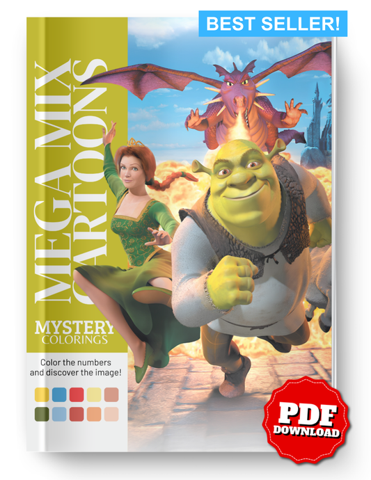Mega Mix Cartoon Mystery Color By Number Book | Fairy Tale Inspired Mystery Coloring Pages PDF | Hidden Image Coloring Book for Adults & Teens